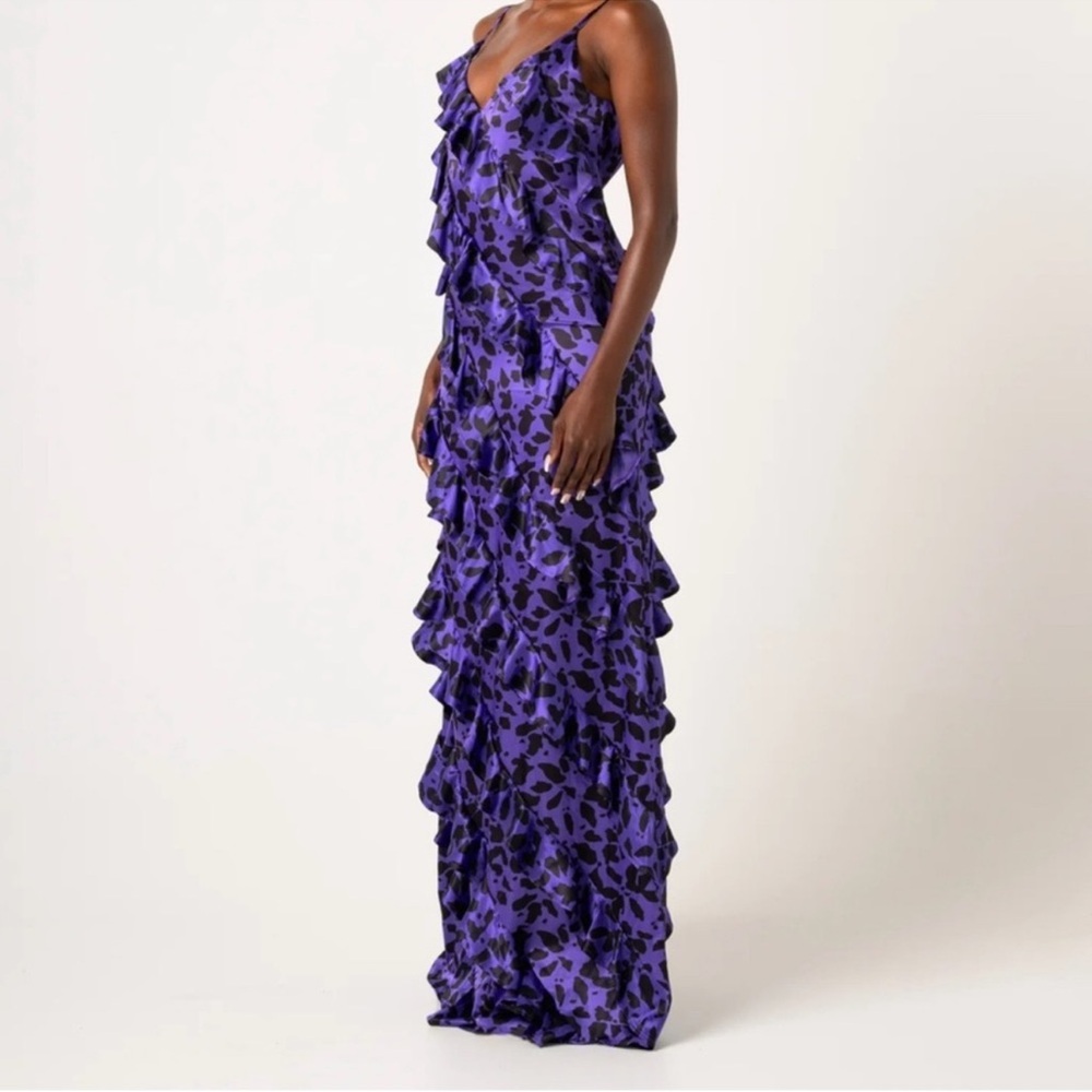 NWOT OFUURE Farrah Ruffle Maxi Dress in Purple Animal Print Pattern